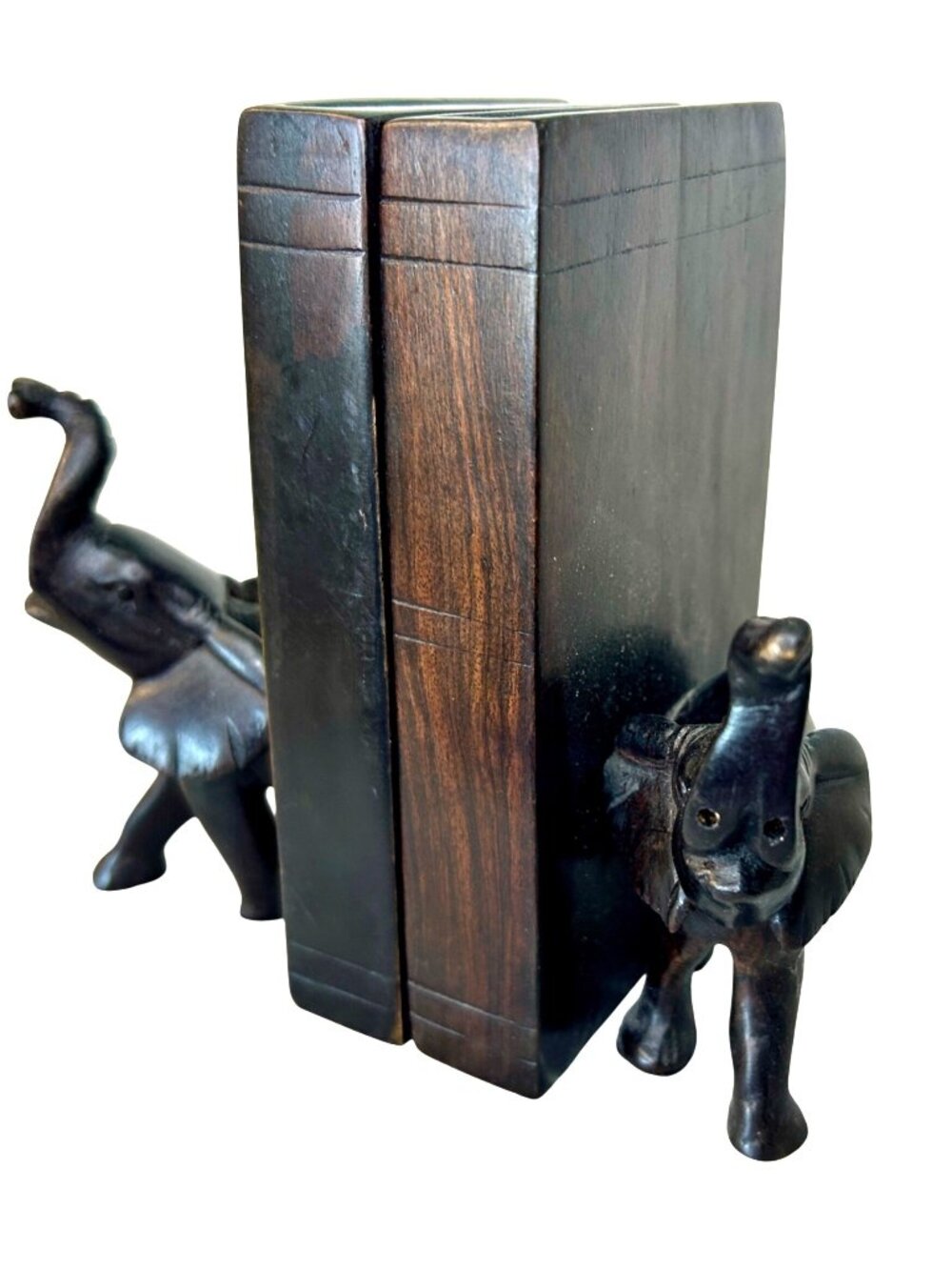 Mid-Century Hand-Carved Dark-wood Heavy Indian Elephant Pair of Bookends 6”